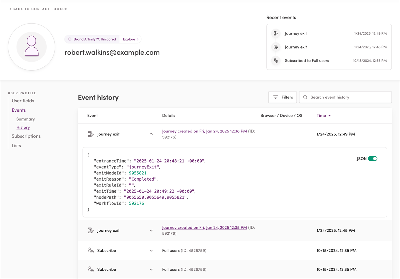 Viewing a user's journey events