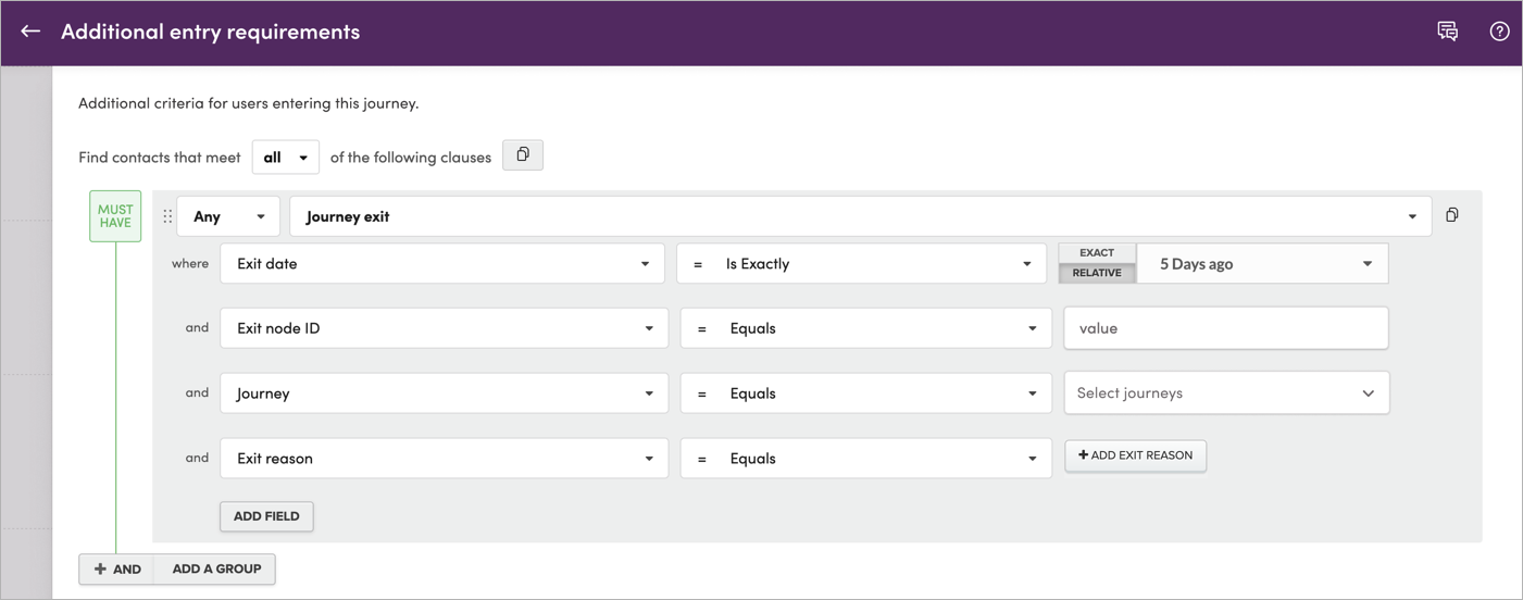Filtering journey entrances by exit events