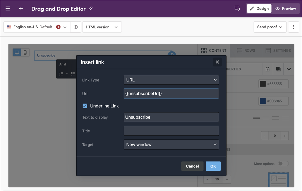 Using {{unsubscribeUrl}} in the Drag and Drop editor
