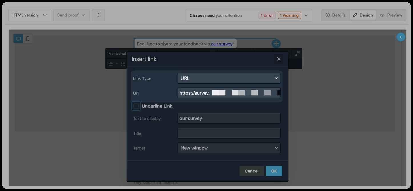 Adding a survey as a hyperlink