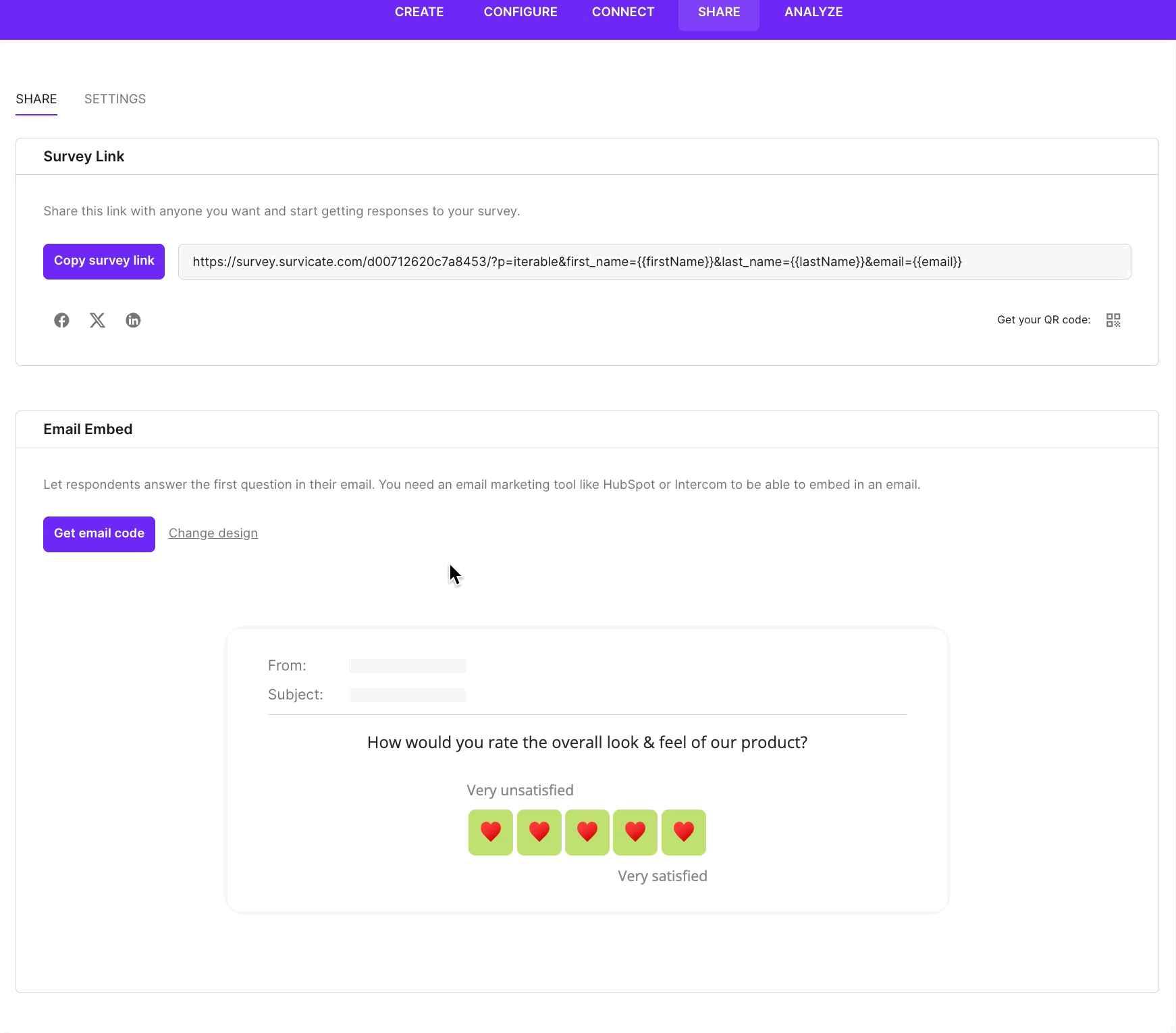 Copying a survey's embed code