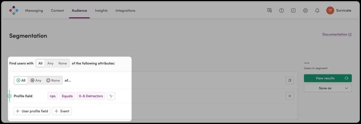 Segmenting users by survey response