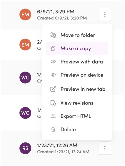 Copying a template in list view