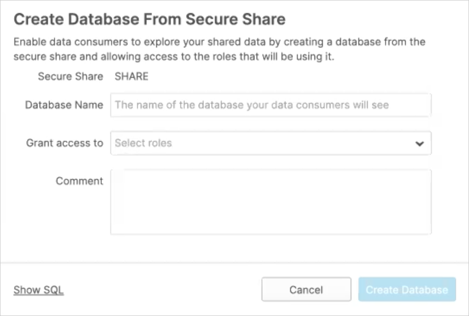 Create Database from Secure Share window