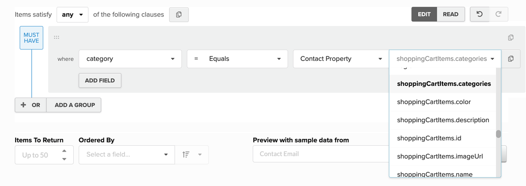 Selecting a nested field in the Collection Builder