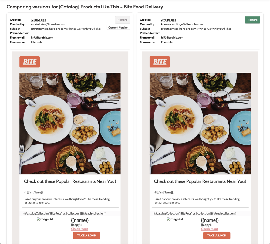 Comparing versions of a template