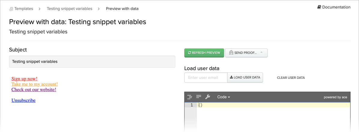 Preview with data showing the results of a test template