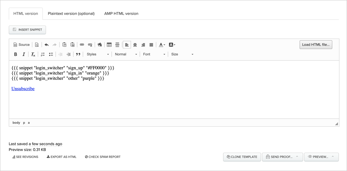 A template that's testing a snippet with variables