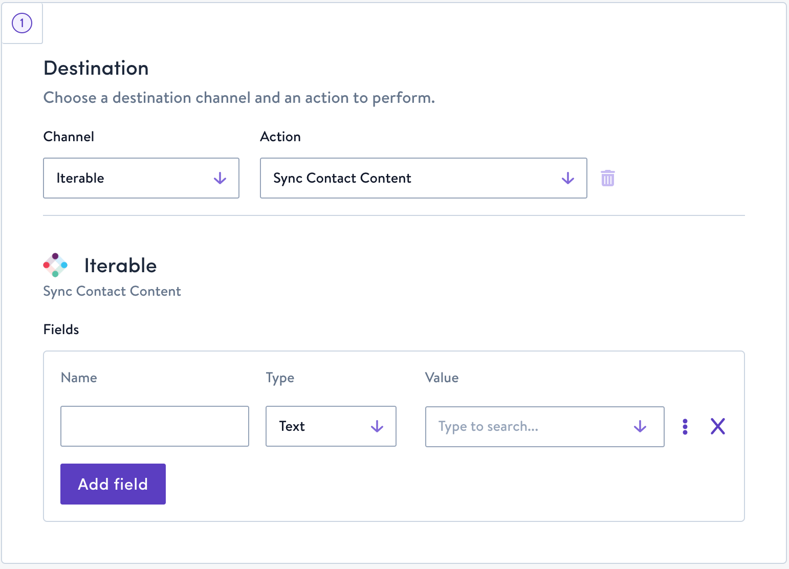 Simon AI Sync Contact Content action showing field mapping inputs