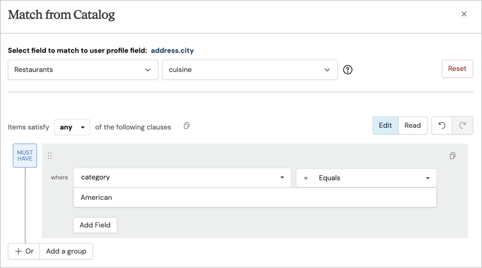 Preview of a catalog query returning matching catalog items
