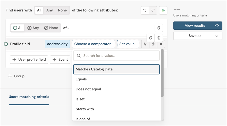 Comparator dropdown with Matches Catalog Data selected