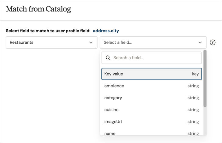 Match from Catalog menu with a catalog and matching field selected
