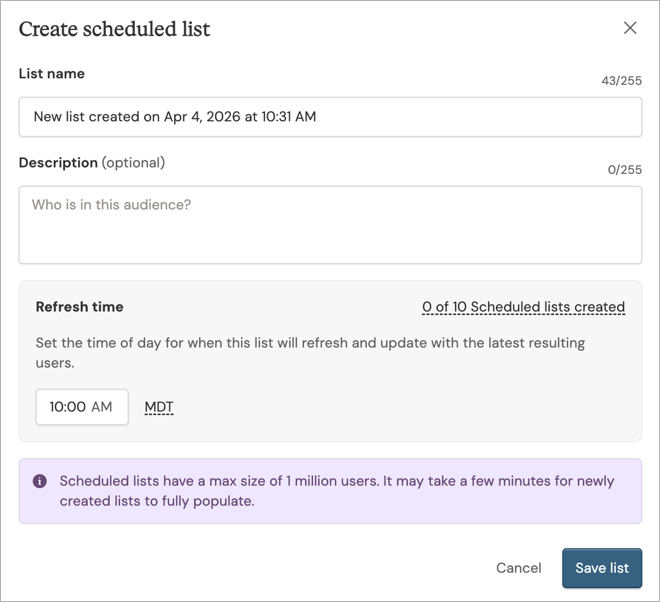 Scheduled list dialog with name, description, and refresh time fields