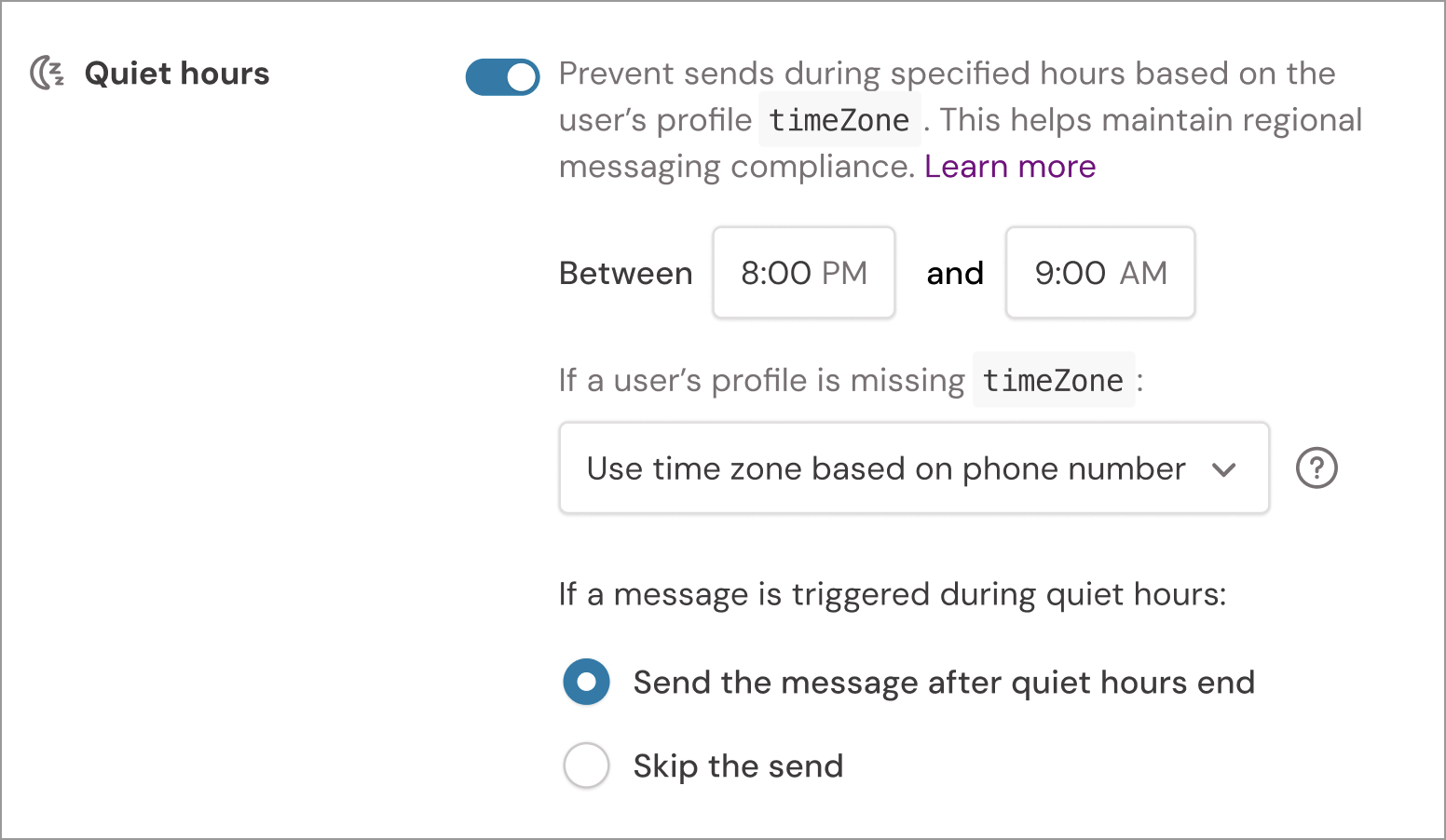 Quiet Hours settings in a campaign