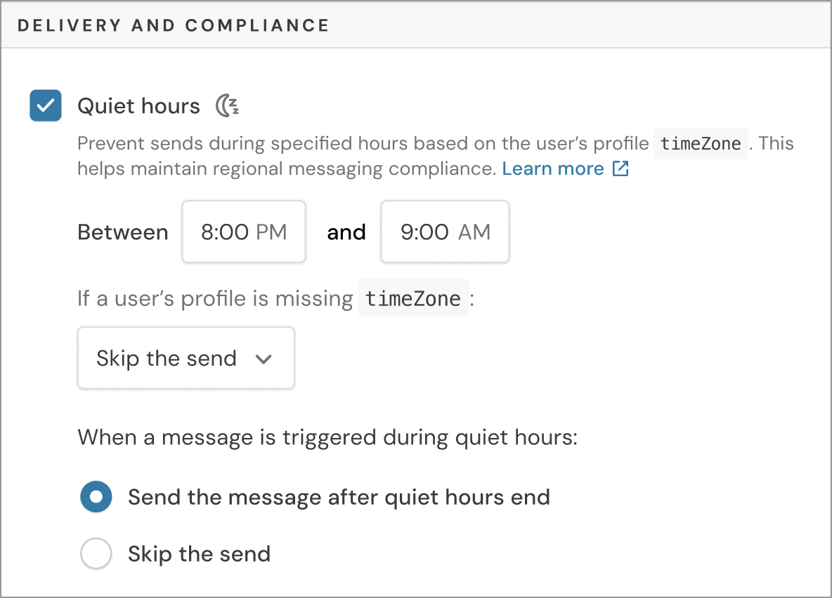 Quiet Hours settings in a journey message tile