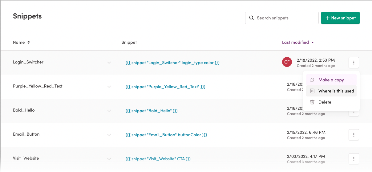 See where Snippets are used