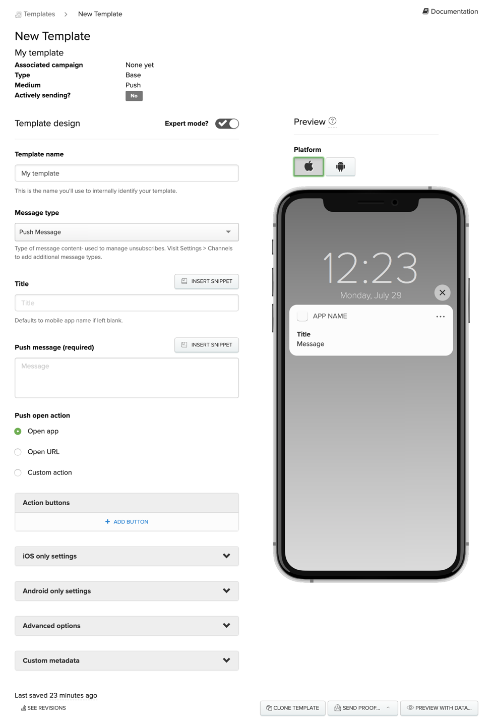 Push notification template editor