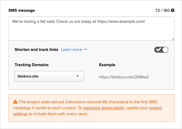 Selecting a domain for SMS link shortening