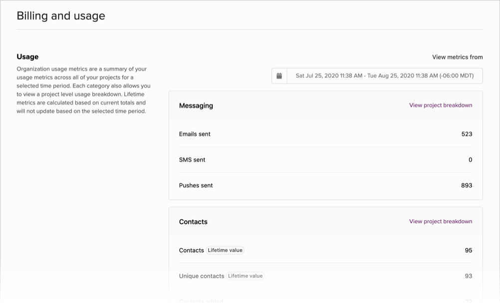 Billing and Usage screen