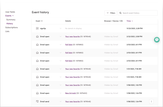 Event history page on user profile
