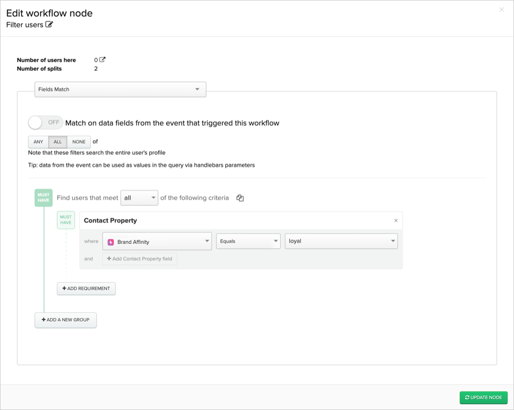 Filtering a journey on the brandAffinityLabel user profile field