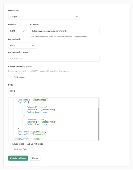 Create Regal Voice contact - Journey webhook setup