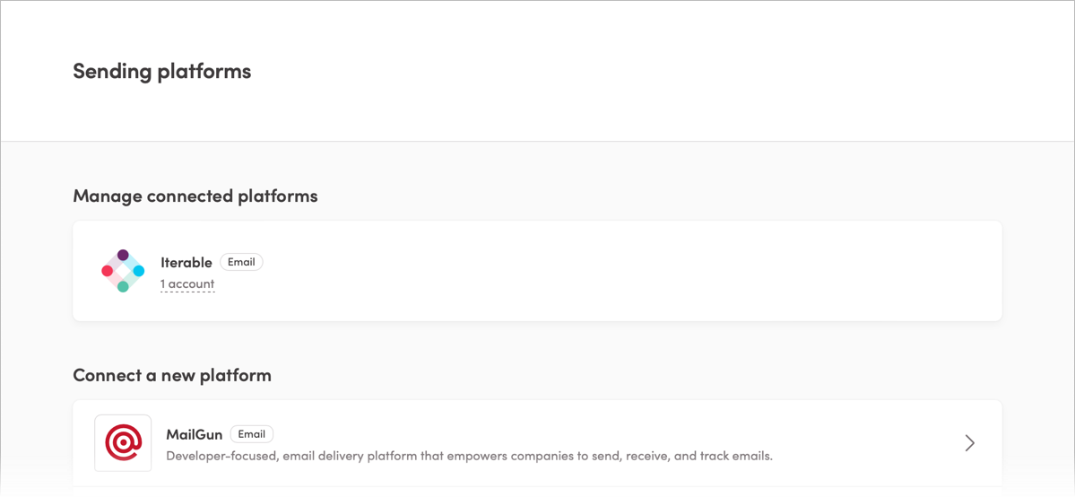 The Sending Platforms page in Iterable