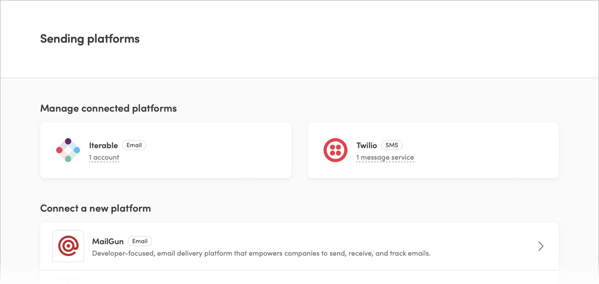 Iterable's Sending Platforms page