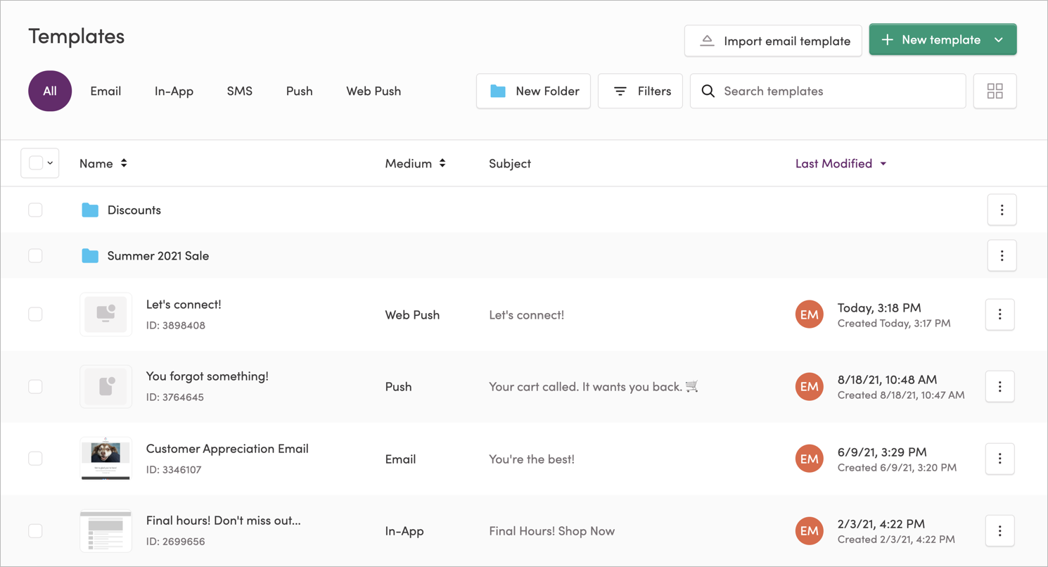 The Templates page