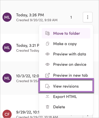 View revisions from index